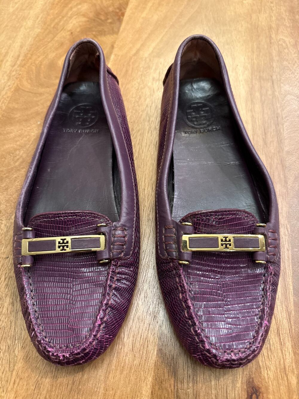 Tory Burch Kendrick Driver Loafers — Plum Embossed Lizard Leather, Size 8.5